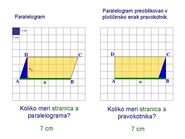 Paralelogram preoblikovan v ploščinsko enak pravokotnik. Paralelogram 1 cm D C va A a