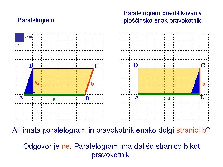 Paralelogram preoblikovan v ploščinsko enak pravokotnik. Paralelogram 1 cm D C va A D