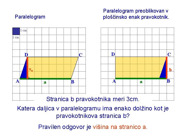 Paralelogram preoblikovan v ploščinsko enak pravokotnik. Paralelogram 1 cm D C va A b