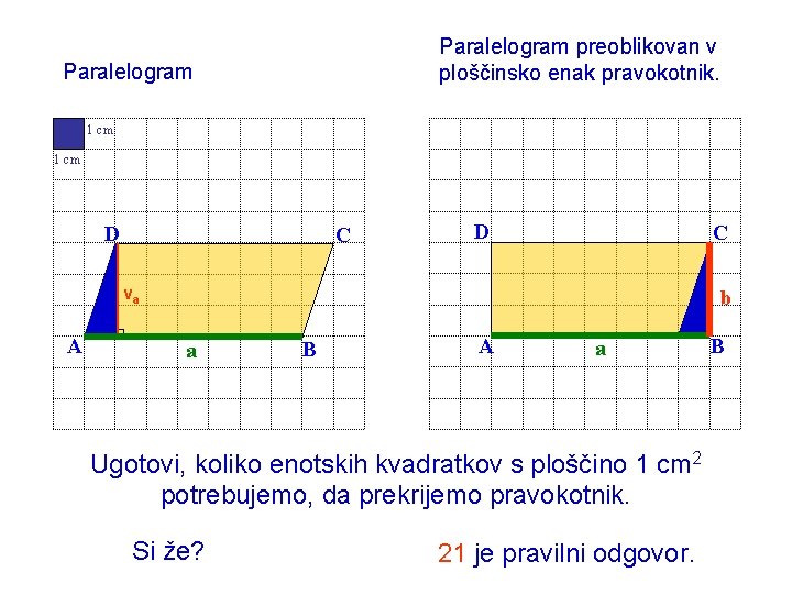 Paralelogram preoblikovan v ploščinsko enak pravokotnik. Paralelogram 1 cm D C va A b