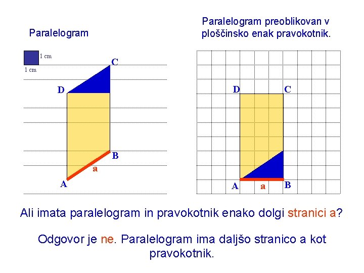 Paralelogram preoblikovan v ploščinsko enak pravokotnik. Paralelogram 1 cm C D D B a