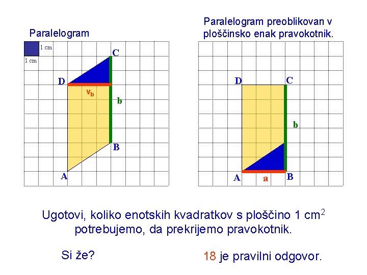 Paralelogram preoblikovan v ploščinsko enak pravokotnik. Paralelogram 1 cm C D D vb b