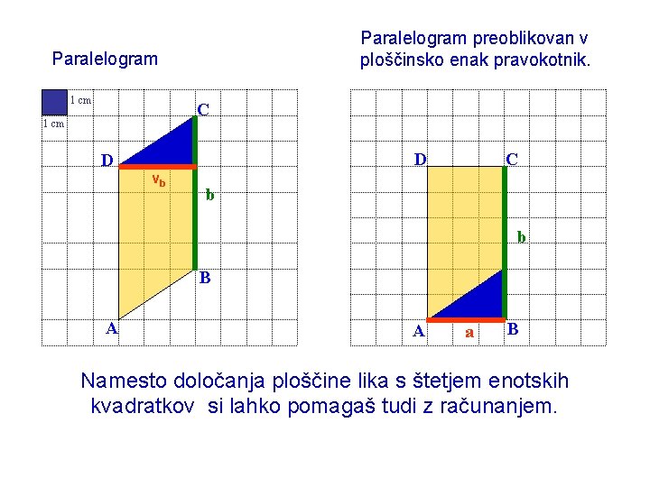 Paralelogram preoblikovan v ploščinsko enak pravokotnik. Paralelogram 1 cm C D D vb b