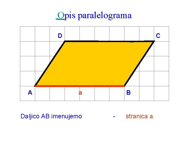 Opis paralelograma D A C a Daljico AB imenujemo B - stranica a. 