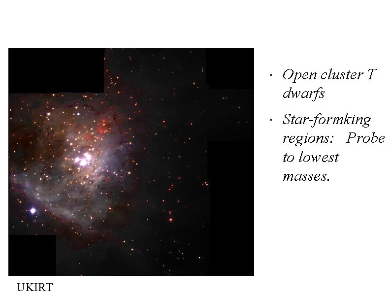 " " UKIRT Open cluster T dwarfs Star-formking regions: Probe to lowest masses. 