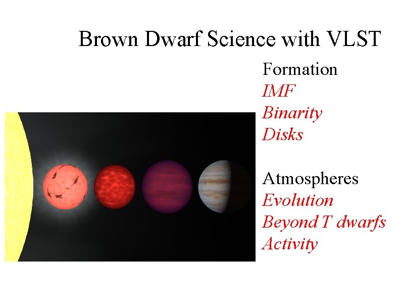Brown Dwarf Science with VLST Formation IMF Binarity Disks Atmospheres Evolution Beyond T dwarfs