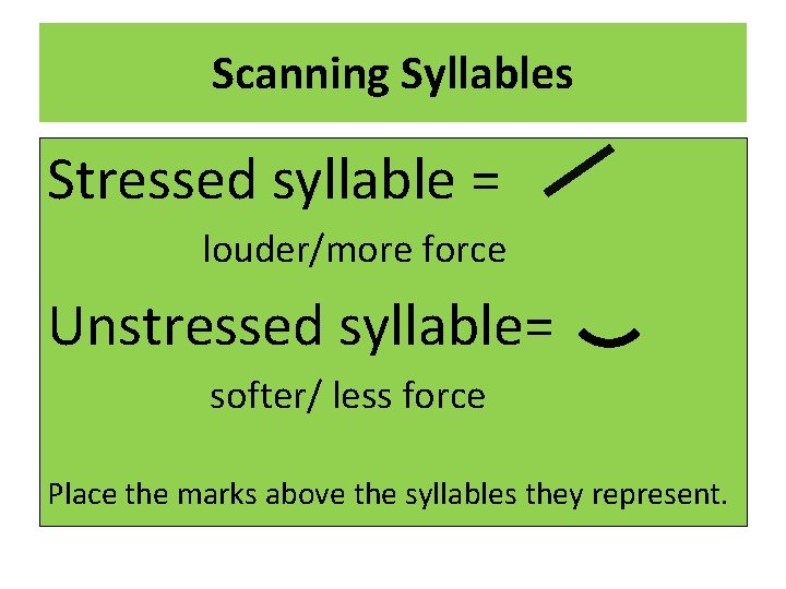 Scanning Syllables Stressed syllable = louder/more force Unstressed syllable= softer/ less force Place the