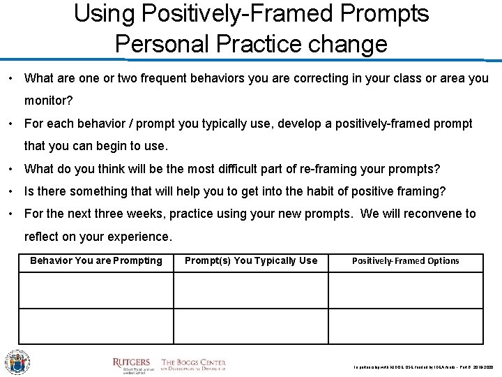 Using Positively-Framed Prompts Personal Practice change • What are one or two frequent behaviors