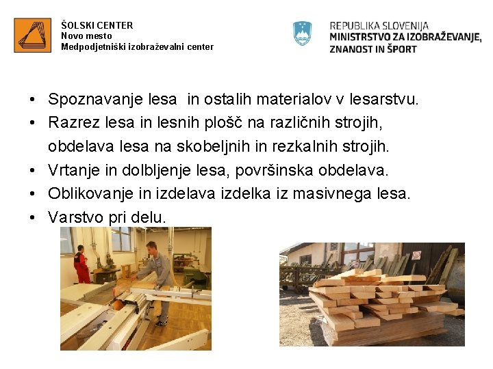 ŠOLSKI CENTER Novo mesto Medpodjetniški izobraževalni center • Spoznavanje lesa in ostalih materialov v