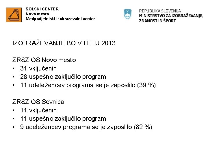 ŠOLSKI CENTER Novo mesto Medpodjetniški izobraževalni center IZOBRAŽEVANJE BO V LETU 2013 ZRSZ OS