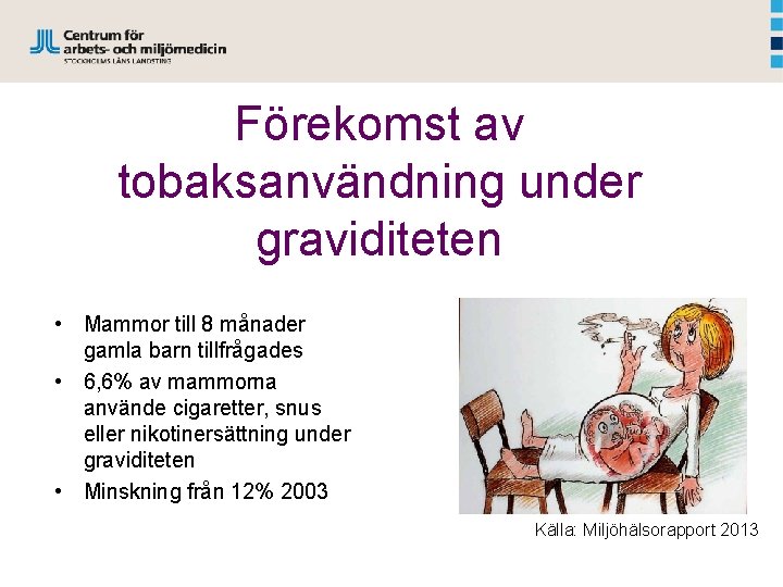 Förekomst av tobaksanvändning under graviditeten • Mammor till 8 månader gamla barn tillfrågades •