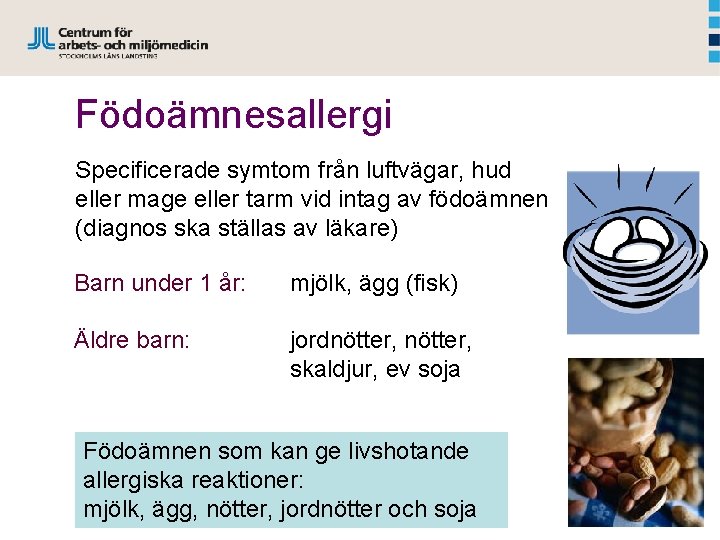 Födoämnesallergi Specificerade symtom från luftvägar, hud eller mage eller tarm vid intag av födoämnen