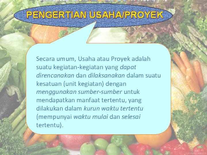 PENGERTIAN USAHA/PROYEK Secara umum, Usaha atau Proyek adalah suatu kegiatan-kegiatan yang dapat direncanakan dilaksanakan