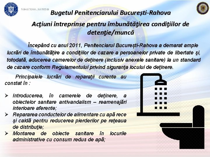 Bugetul Penitenciarului București-Rahova Acţiuni întreprinse pentru îmbunătăţirea condiţiilor de detenţie/muncă Începând cu anul 2011,