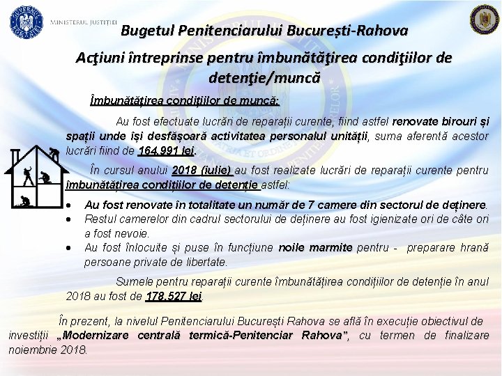 Bugetul Penitenciarului București-Rahova Acţiuni întreprinse pentru îmbunătăţirea condiţiilor de detenţie/muncă Îmbunătățirea condițiilor de muncă: