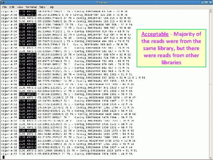 Acceptable - Majority of the reads were from the same library, but there were Acceptable - Majority of the reads were from the same library, but there were