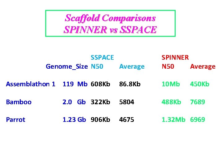 Scaffold Comparisons SPINNER vs SSPACE SSPACE Genome_Size N 50 Average SPINNER N 50 Average Scaffold Comparisons SPINNER vs SSPACE SSPACE Genome_Size N 50 Average SPINNER N 50 Average