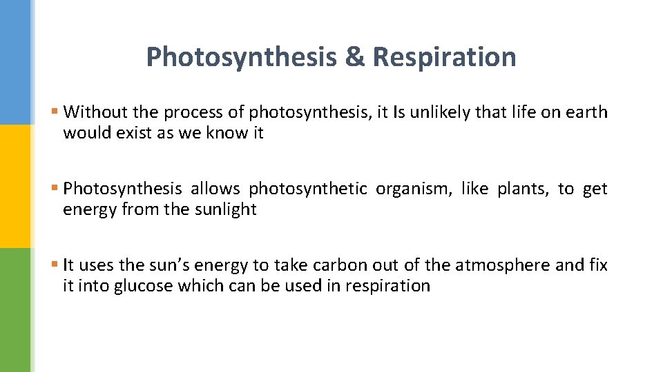 Photosynthesis & Respiration § Without the process of photosynthesis, it Is unlikely that life