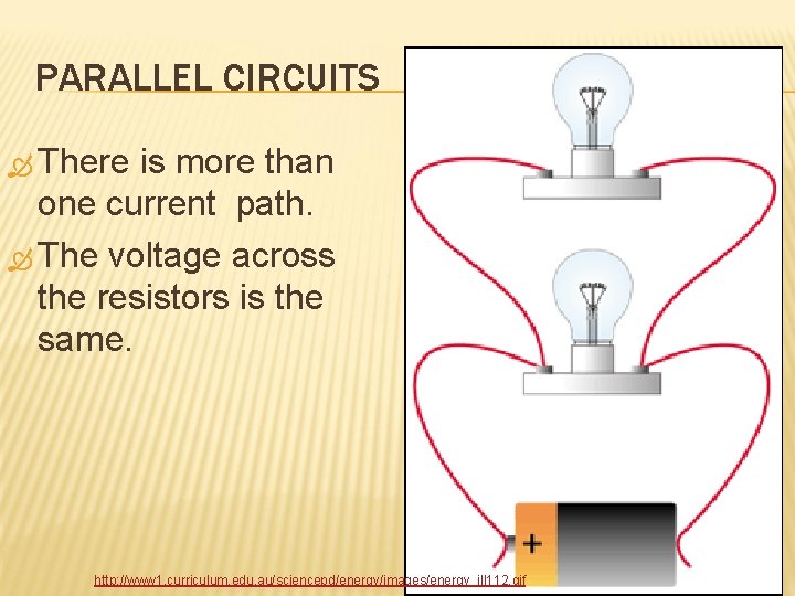 PARALLEL CIRCUITS There is more than one current path. The voltage across the resistors
