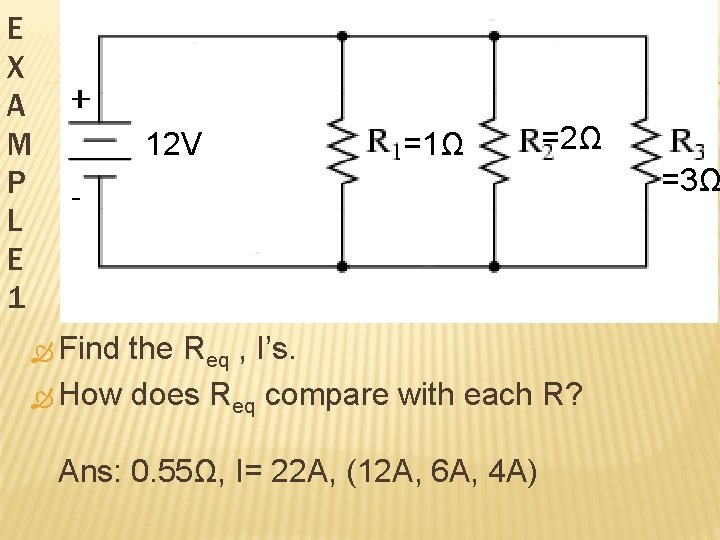 E X A M P L E 1 12 V =1Ω =2Ω =3Ω Find