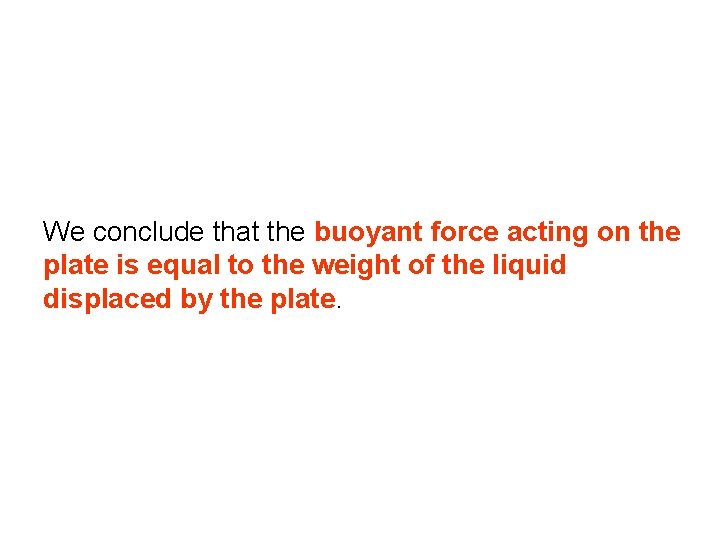 We conclude that the buoyant force acting on the plate is equal to the We conclude that the buoyant force acting on the plate is equal to the