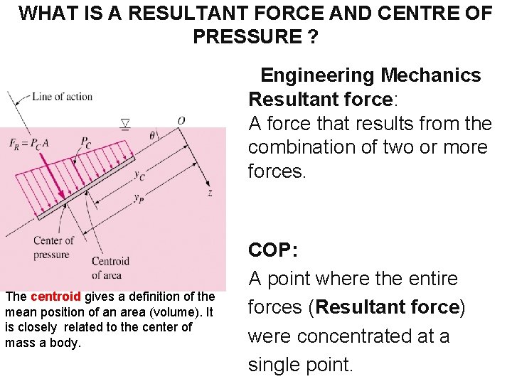 WHAT IS A RESULTANT FORCE AND CENTRE OF PRESSURE ? Engineering Mechanics Resultant force: WHAT IS A RESULTANT FORCE AND CENTRE OF PRESSURE ? Engineering Mechanics Resultant force: