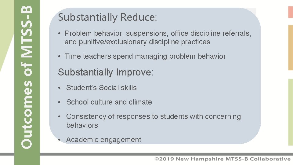 Outcomes of MTSS-B Substantially Reduce: • Problem behavior, suspensions, office discipline referrals, and punitive/exclusionary