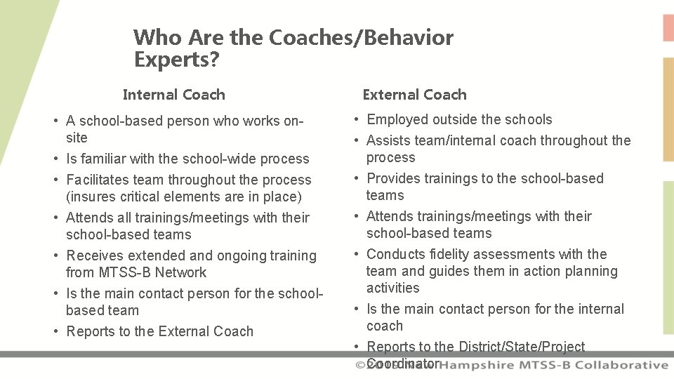 Who Are the Coaches/Behavior Experts? Internal Coach • A school-based person who works onsite