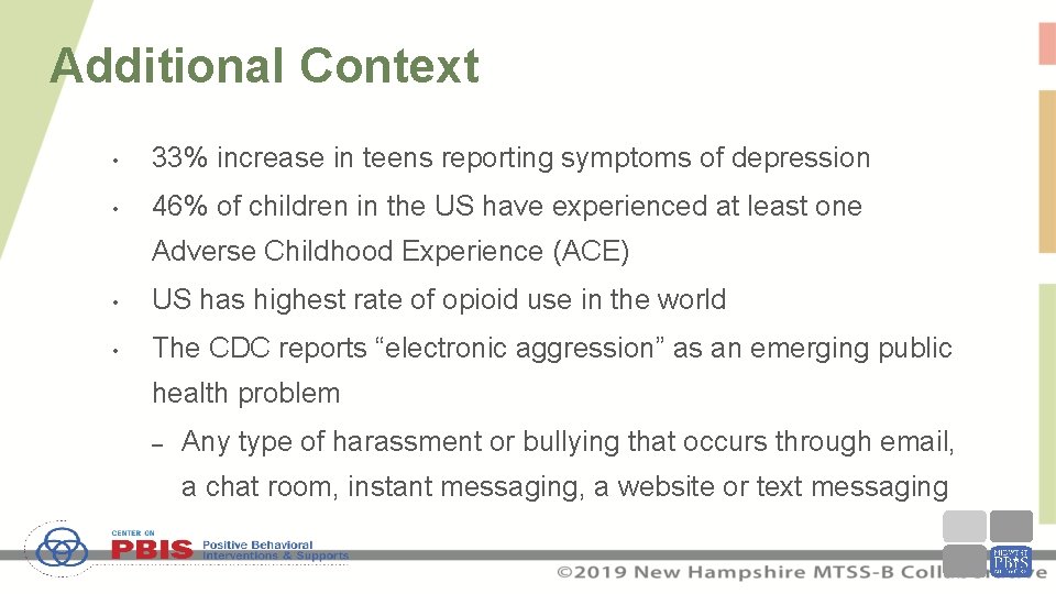 Additional Context • 33% increase in teens reporting symptoms of depression • 46% of