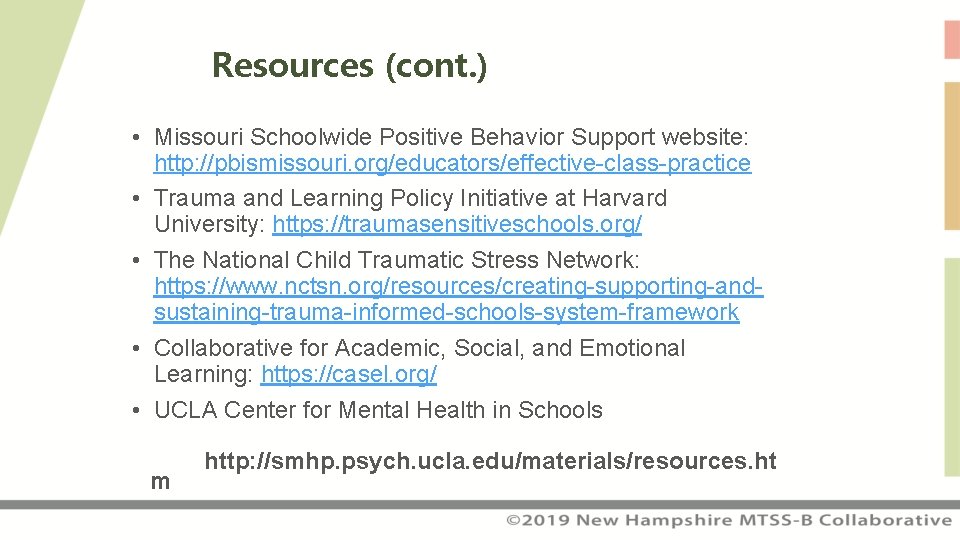 Resources (cont. ) • Missouri Schoolwide Positive Behavior Support website: http: //pbismissouri. org/educators/effective-class-practice •