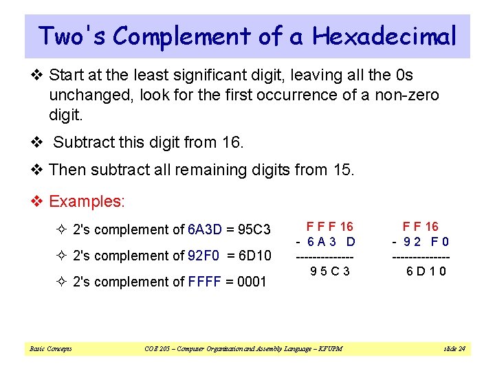Two's Complement of a Hexadecimal v Start at the least significant digit, leaving all