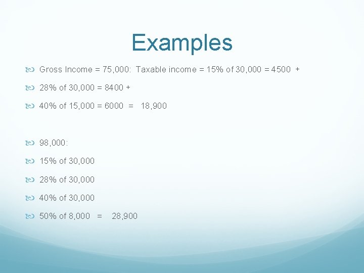 Examples Gross Income = 75, 000: Taxable income = 15% of 30, 000 =