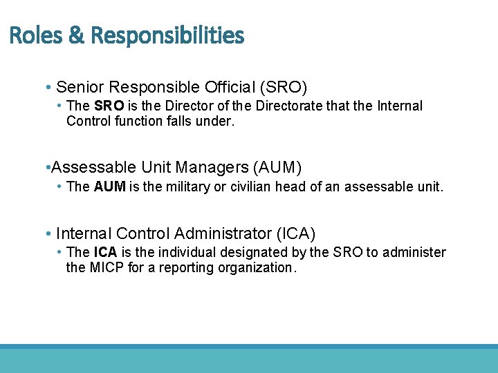 Roles & Responsibilities • Senior Responsible Official (SRO) • The SRO is the Director