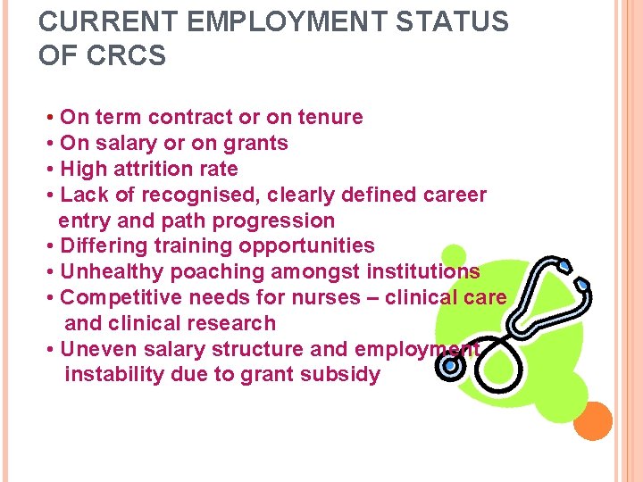 CURRENT EMPLOYMENT STATUS OF CRCS • On term contract or on tenure • On