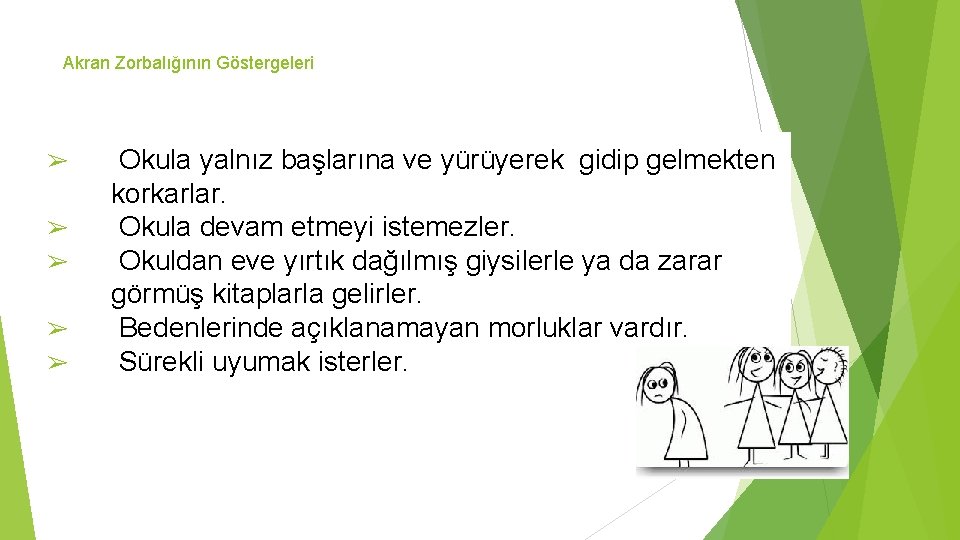 Akran Zorbalığının Göstergeleri ➢ ➢ ➢ Okula yalnız başlarına ve yürüyerek gidip gelmekten korkarlar.