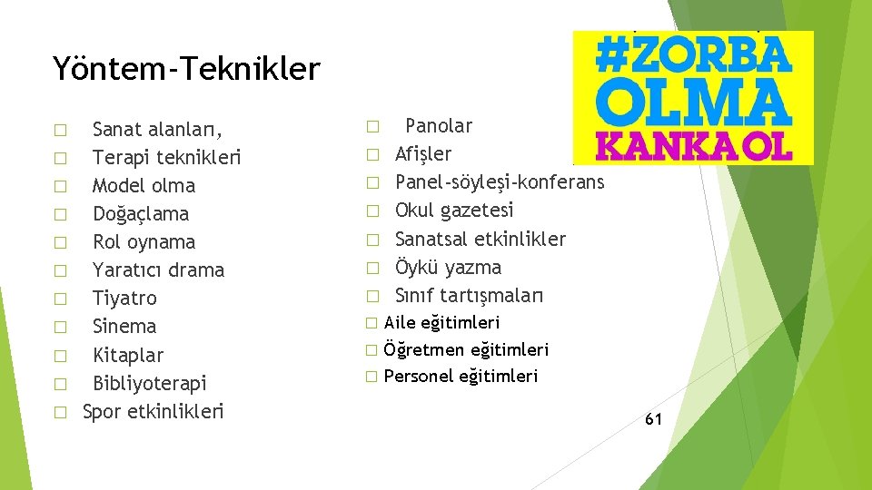 Yöntem-Teknikler � � � Sanat alanları, Terapi teknikleri Model olma Doğaçlama Rol oynama Yaratıcı