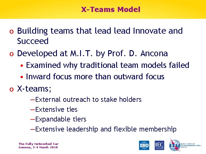 X-Teams Model o Building teams that lead Innovate and Succeed o Developed at M.
