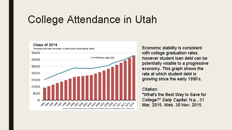 College Attendance in Utah Economic stability is consistent with college graduation rates, however student
