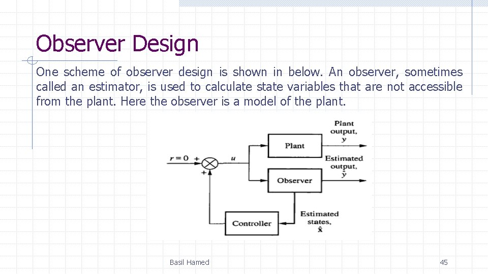 Observer Design One scheme of observer design is shown in below. An observer, sometimes
