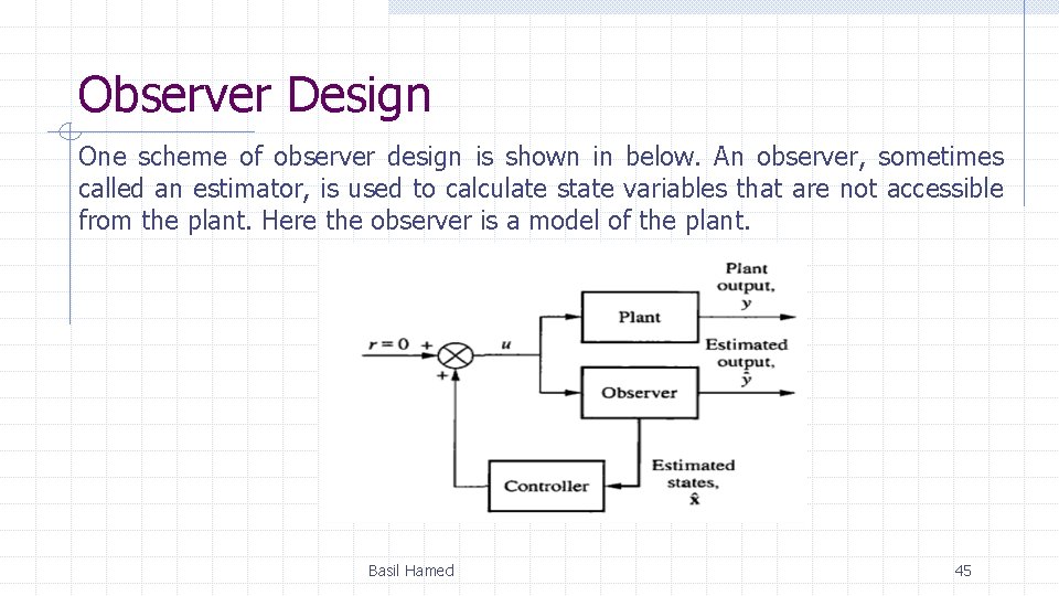 Observer Design One scheme of observer design is shown in below. An observer, sometimes Observer Design One scheme of observer design is shown in below. An observer, sometimes