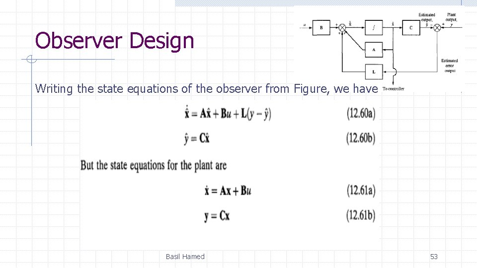 Observer Design Writing the state equations of the observer from Figure, we have Basil