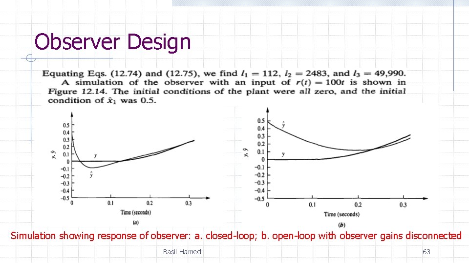 Observer Design Simulation showing response of observer: a. closed-loop; b. open-loop with observer gains