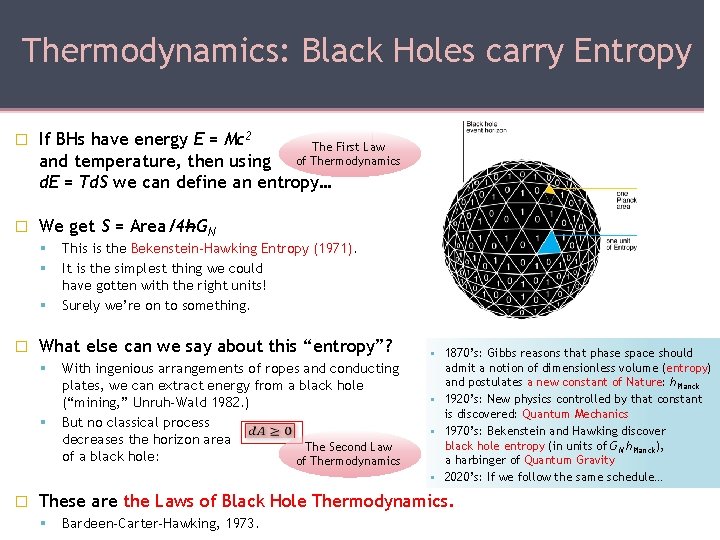 Thermodynamics: Black Holes carry Entropy � If BHs have energy E = Mc 2