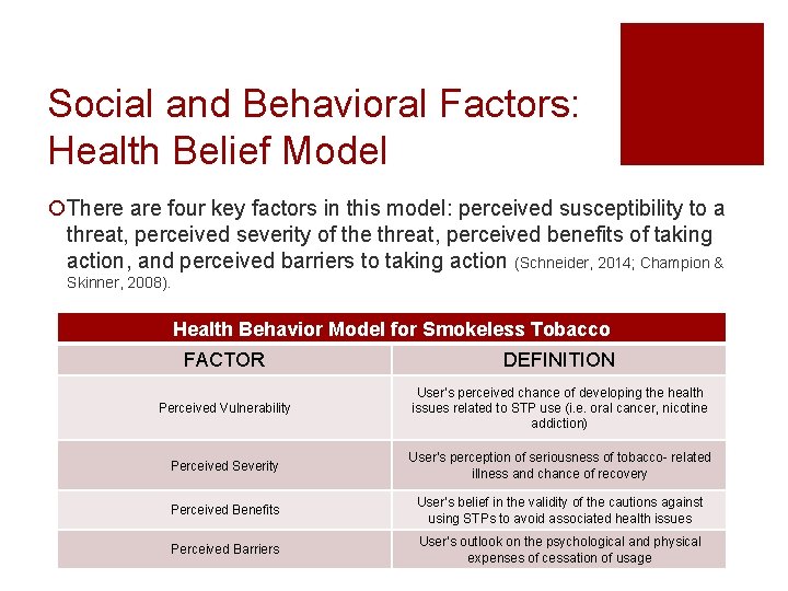 Social and Behavioral Factors: Health Belief Model ¡There are four key factors in this