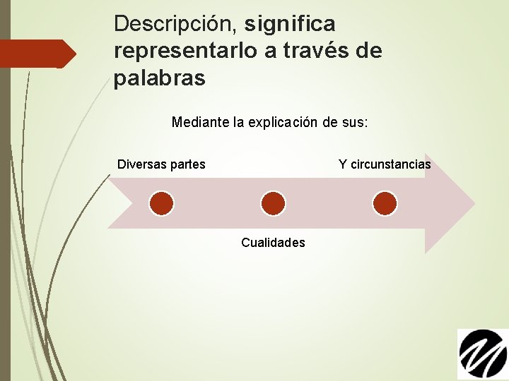 Descripción, significa representarlo a través de palabras Mediante la explicación de sus: Diversas partes