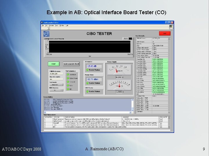 Example in AB: Optical Interface Board Tester (CO) ATC/ABOC Days 2008 A. Raimondo (AB/CO)