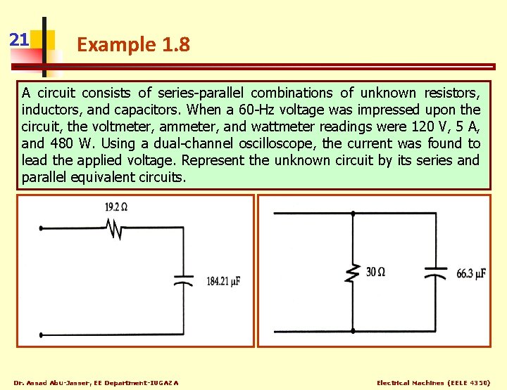 21 Example 1. 8 A circuit consists of series-parallel combinations of unknown resistors, inductors,