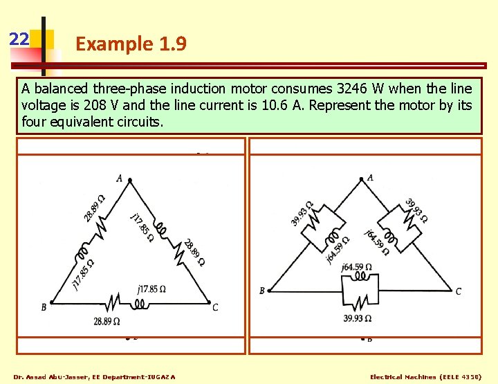 22 Example 1. 9 A balanced three-phase induction motor consumes 3246 W when the