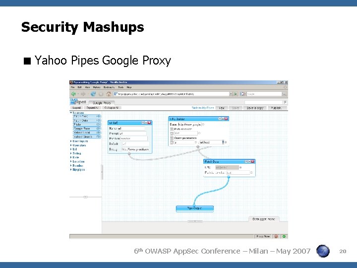 Security Mashups Yahoo Pipes Google Proxy 6 th OWASP App. Sec Conference – Milan