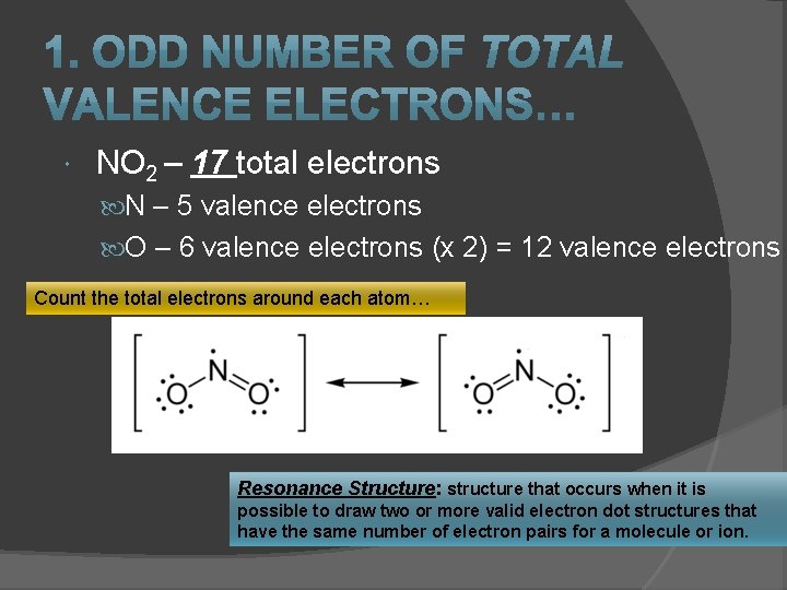 NO 2 – 17 total electrons N – 5 valence electrons O – NO 2 – 17 total electrons N – 5 valence electrons O –